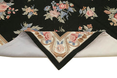 Needlepoint Floral Black Floral Cotton Wool Handmade Area Rug 5'11'' x 9'0''
