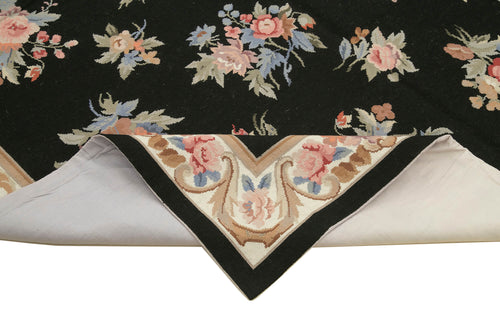 Needlepoint Floral Black Floral Cotton Wool Handmade Area Rug 5'11'' x 9'0''