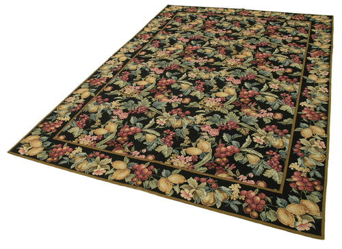 Needlepoint Floral Black Floral Cotton Wool Handmade Area Rug 6'0'' x 9'0''