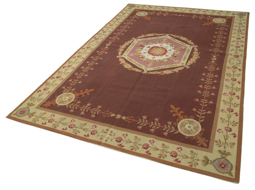 Needlepoint Floral Red Floral Cotton Wool Handmade Area Rug 5'11'' x 8'11''