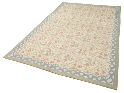 Needlepoint Floral Beige Floral Cotton Wool Handmade Area Rug 6'0'' x 9'6''