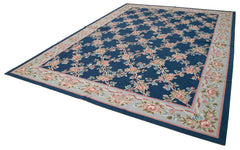 Needlepoint Floral Blue Floral Cotton Wool Handmade Area Rug 9'11'' x 13'8''