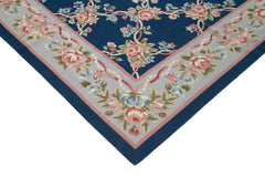 Needlepoint Floral Blue Floral Cotton Wool Handmade Area Rug 9'11'' x 13'8''