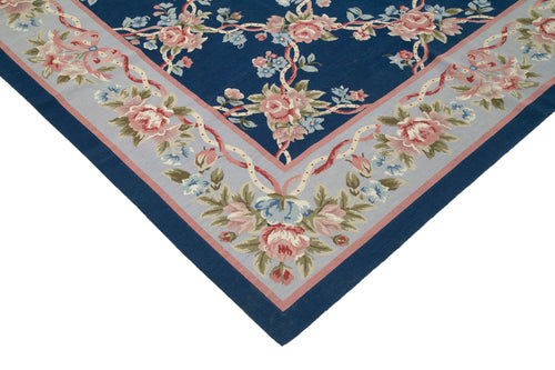Needlepoint Floral Blue Floral Cotton Wool Handmade Area Rug 9'11'' x 13'8''