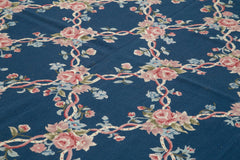 Needlepoint Floral Blue Floral Cotton Wool Handmade Area Rug 9'11'' x 13'8''