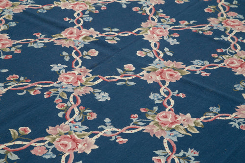 Needlepoint Floral Blue Floral Cotton Wool Handmade Area Rug 9'11'' x 13'8''