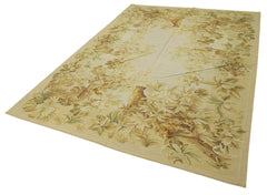 Needlepoint Floral Beige Floral Cotton Wool Handmade Area Rug 6'2'' x 9'2''
