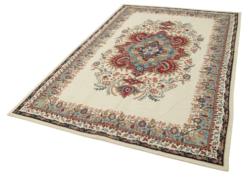 Needlepoint Floral Beige Floral Cotton Wool Handmade Area Rug 5'6'' x 8'6''