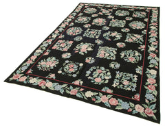 Needlepoint Floral Black Floral Cotton Wool Handmade Area Rug 5'9'' x 8'9''