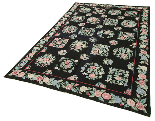Needlepoint Floral Black Floral Cotton Wool Handmade Area Rug 5'9'' x 8'9''