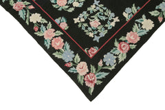 Needlepoint Floral Black Floral Cotton Wool Handmade Area Rug 5'9'' x 8'9''