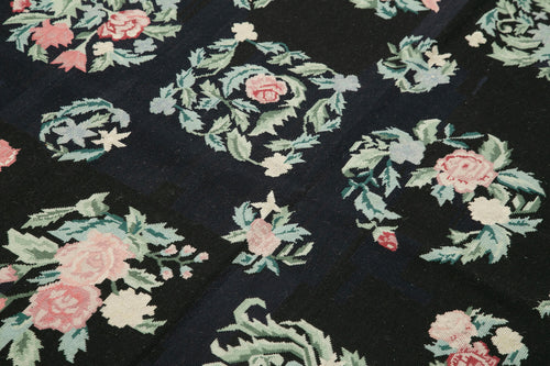 Needlepoint Floral Black Floral Cotton Wool Handmade Area Rug 5'9'' x 8'9''
