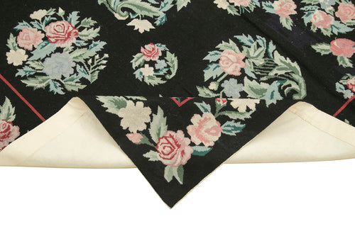 Needlepoint Floral Black Floral Cotton Wool Handmade Area Rug 5'9'' x 8'9''
