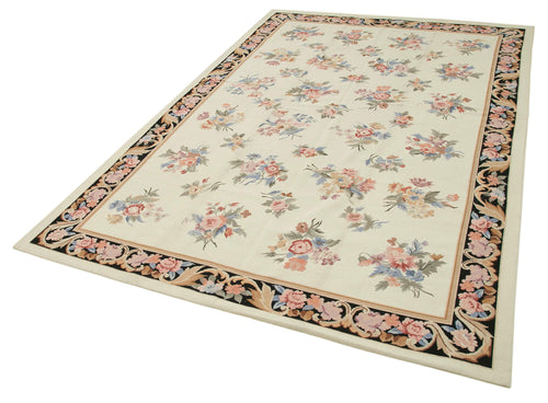 Needlepoint Floral Beige Floral Cotton Wool Handmade Area Rug 6'0'' x 8'11''