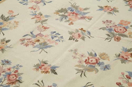 Needlepoint Floral Beige Floral Cotton Wool Handmade Area Rug 6'0'' x 8'11''