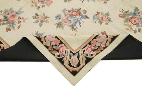Needlepoint Floral Beige Floral Cotton Wool Handmade Area Rug 6'0'' x 8'11''