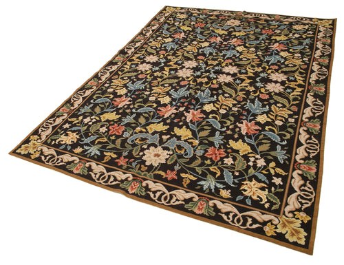 Needlepoint Floral Black Floral Cotton Wool Handmade Area Rug 6'0'' x 8'10''