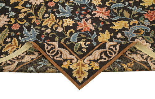 Needlepoint Floral Black Floral Cotton Wool Handmade Area Rug 6'0'' x 8'10''