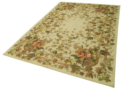 Needlepoint Floral Beige Floral Cotton Wool Handmade Area Rug 6'0'' x 9'2''