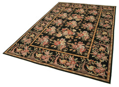 Needlepoint Floral Black Floral Cotton Wool Handmade Area Rug 6'0'' x 9'0''