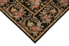 Needlepoint Floral Black Floral Cotton Wool Handmade Area Rug 6'0'' x 9'0''