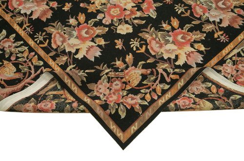 Needlepoint Floral Black Floral Cotton Wool Handmade Area Rug 6'0'' x 9'0''