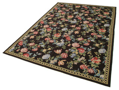 Needlepoint Floral Black Floral Cotton Wool Handmade Area Rug 5'10'' x 8'11''