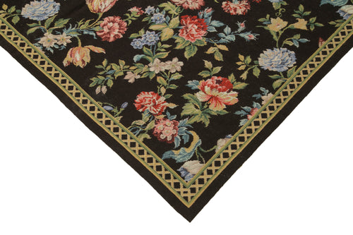 Needlepoint Floral Black Floral Cotton Wool Handmade Area Rug 5'10'' x 8'11''