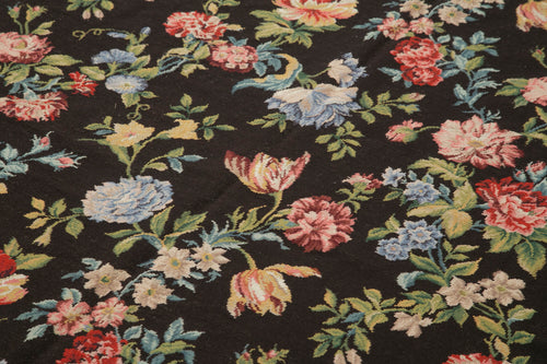 Needlepoint Floral Black Floral Cotton Wool Handmade Area Rug 5'10'' x 8'11''