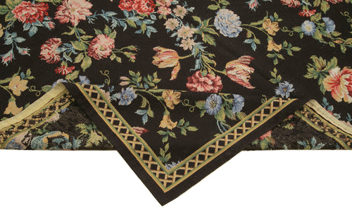 Needlepoint Floral Black Floral Cotton Wool Handmade Area Rug 5'10'' x 8'11''