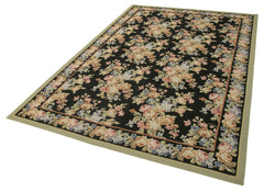 Needlepoint Floral Black Floral Cotton Wool Handmade Area Rug 5'11'' x 8'11''