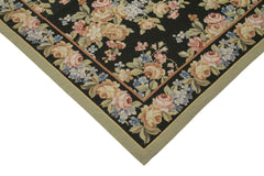 Needlepoint Floral Black Floral Cotton Wool Handmade Area Rug 5'11'' x 8'11''