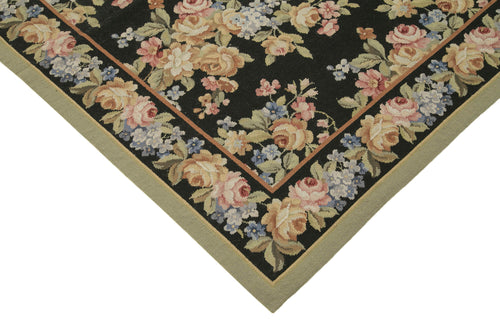 Needlepoint Floral Black Floral Cotton Wool Handmade Area Rug 5'11'' x 8'11''
