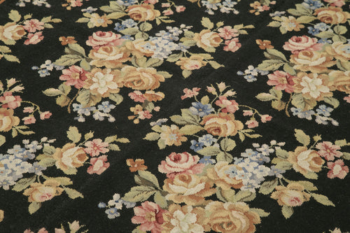 Needlepoint Floral Black Floral Cotton Wool Handmade Area Rug 5'11'' x 8'11''