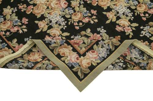 Needlepoint Floral Black Floral Cotton Wool Handmade Area Rug 5'11'' x 8'11''