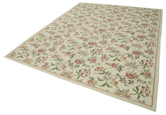 Needlepoint Floral Beige Floral Cotton Wool Handmade Area Rug 7'11'' x 9'11''