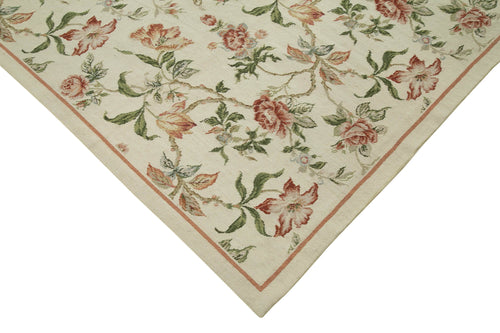 Needlepoint Floral Beige Floral Cotton Wool Handmade Area Rug 7'11'' x 9'11''