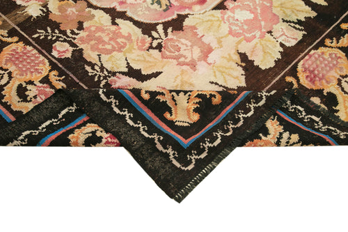 Moldovian Floral Black Floral Cotton Wool Goat Hair Handmade Rug 6'10'' x 9'7''
