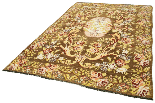 Moldovian Floral Brown Floral Cotton Wool Goat Hair Handmade Rug 6'9'' x 10'10''
