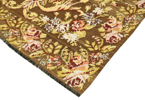 Moldovian Floral Brown Floral Cotton Wool Goat Hair Handmade Rug 6'9'' x 10'10''