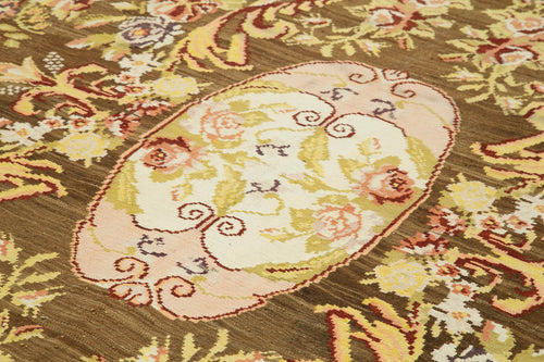 Moldovian Floral Brown Floral Cotton Wool Goat Hair Handmade Rug 6'9'' x 10'10''