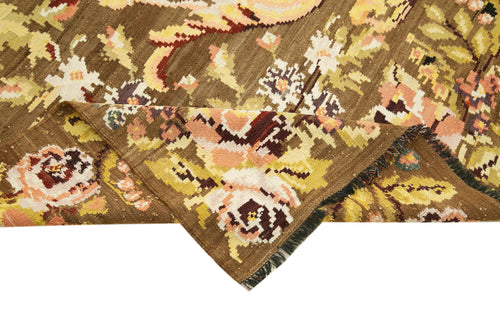 Moldovian Floral Brown Floral Cotton Wool Goat Hair Handmade Rug 6'9'' x 10'10''