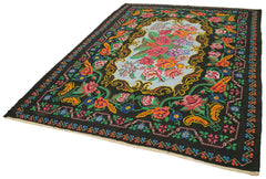 Moldovian Floral Black Floral Cotton Wool Goat Hair Handmade Rug 6'6'' x 8'11''