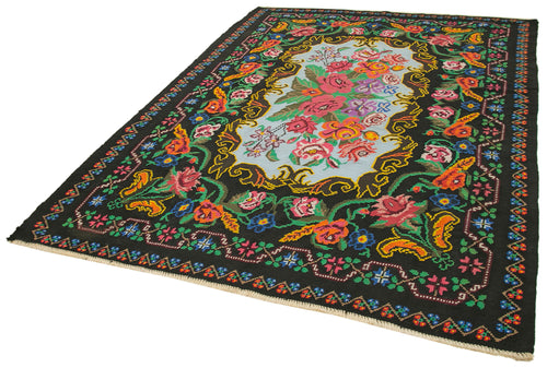 Moldovian Floral Black Floral Cotton Wool Goat Hair Handmade Rug 6'6'' x 8'11''