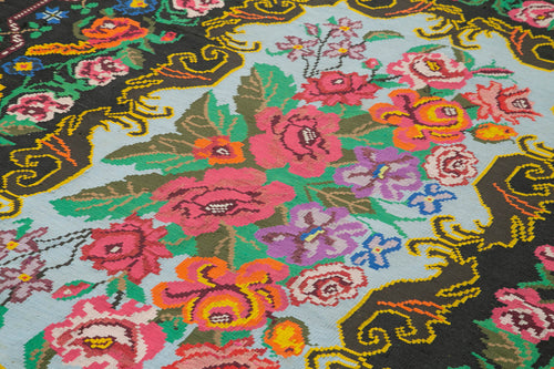 Moldovian Floral Black Floral Cotton Wool Goat Hair Handmade Rug 6'6'' x 8'11''