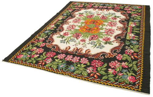 Moldovian Floral Black Floral Cotton Wool Goat Hair Handmade Rug 6'10'' x 8'10''