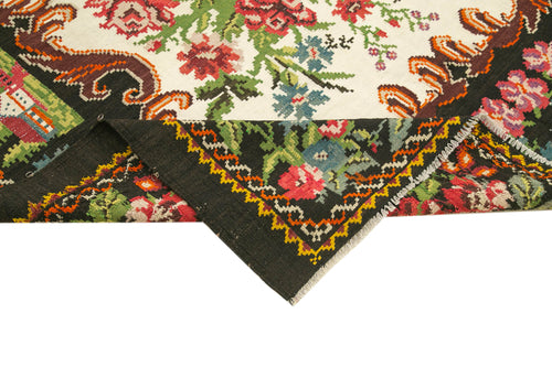 Moldovian Floral Black Floral Cotton Wool Goat Hair Handmade Rug 6'10'' x 8'10''