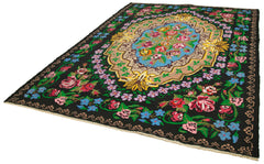 Moldovian Floral Black Floral Cotton Wool Goat Hair Handmade Rug 7'7'' x 10'4''