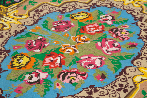 Moldovian Floral Black Floral Cotton Wool Goat Hair Handmade Rug 7'7'' x 10'4''