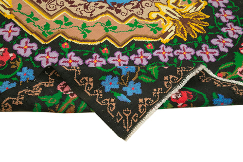 Moldovian Floral Black Floral Cotton Wool Goat Hair Handmade Rug 7'7'' x 10'4''